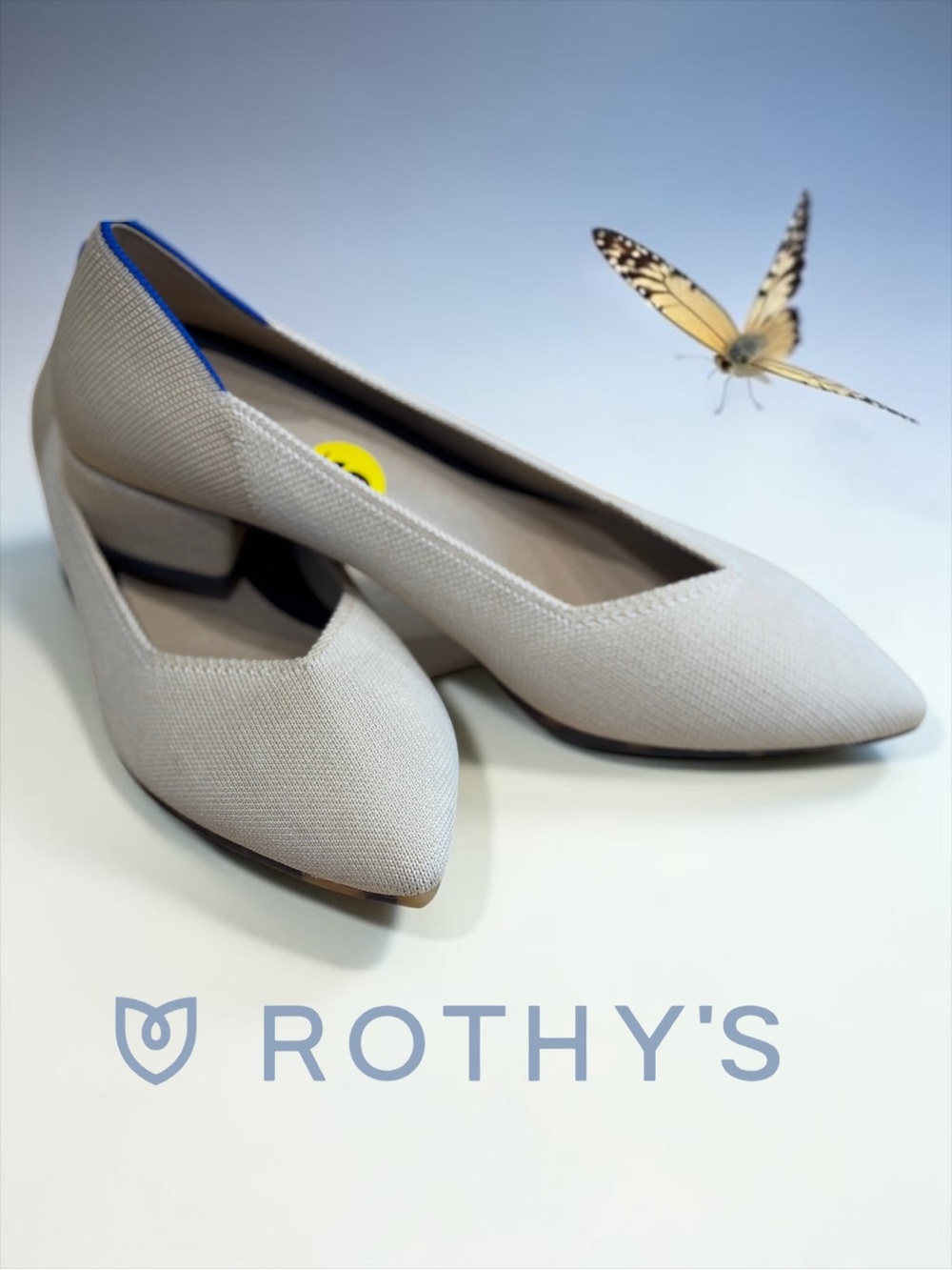 NWOB Rothy’s The Point II Low Block Heels Sandstone Beige Blue Halo Size 9